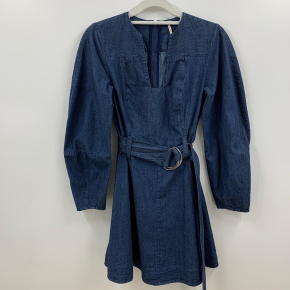 Free People Karmen Denim Tie Belt Mini Dress Sz XS - Picture 2 of 12